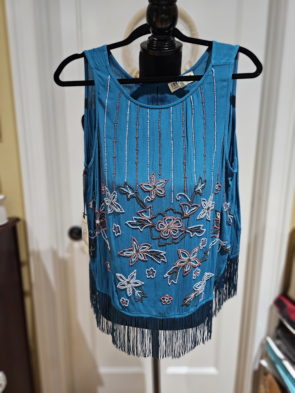 Idyllwind Teal Floral Beaded Fringe Top - NWT